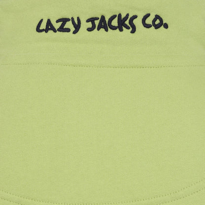 Close-up view of a men's Lazy Jacks LJ40 sweatshirt collar featuring embroidered logo in Lime Green