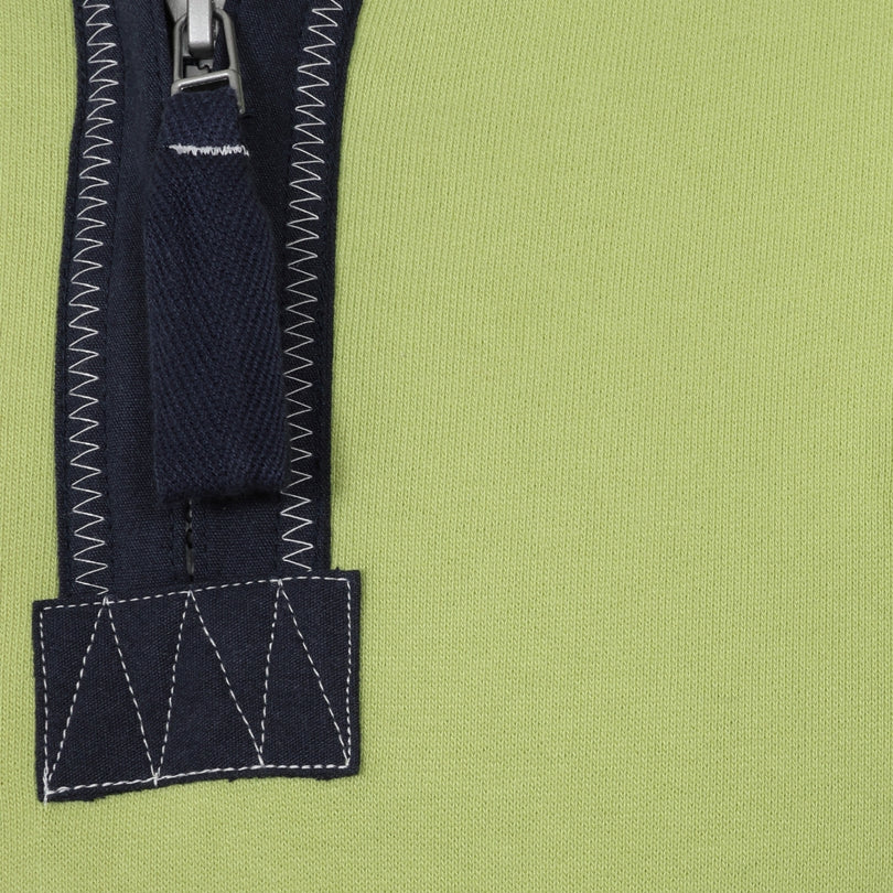Close-up view of the 1/4 zip neckline of a men's Lazy Jacks LJ40 sweatshirt collar in Lime Green