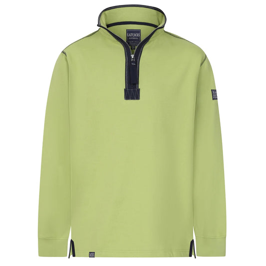 Front view of a men's Lazy Jacks LJ40 sweatshirt in vibrant Lime Green with a 1/4 zip neckline