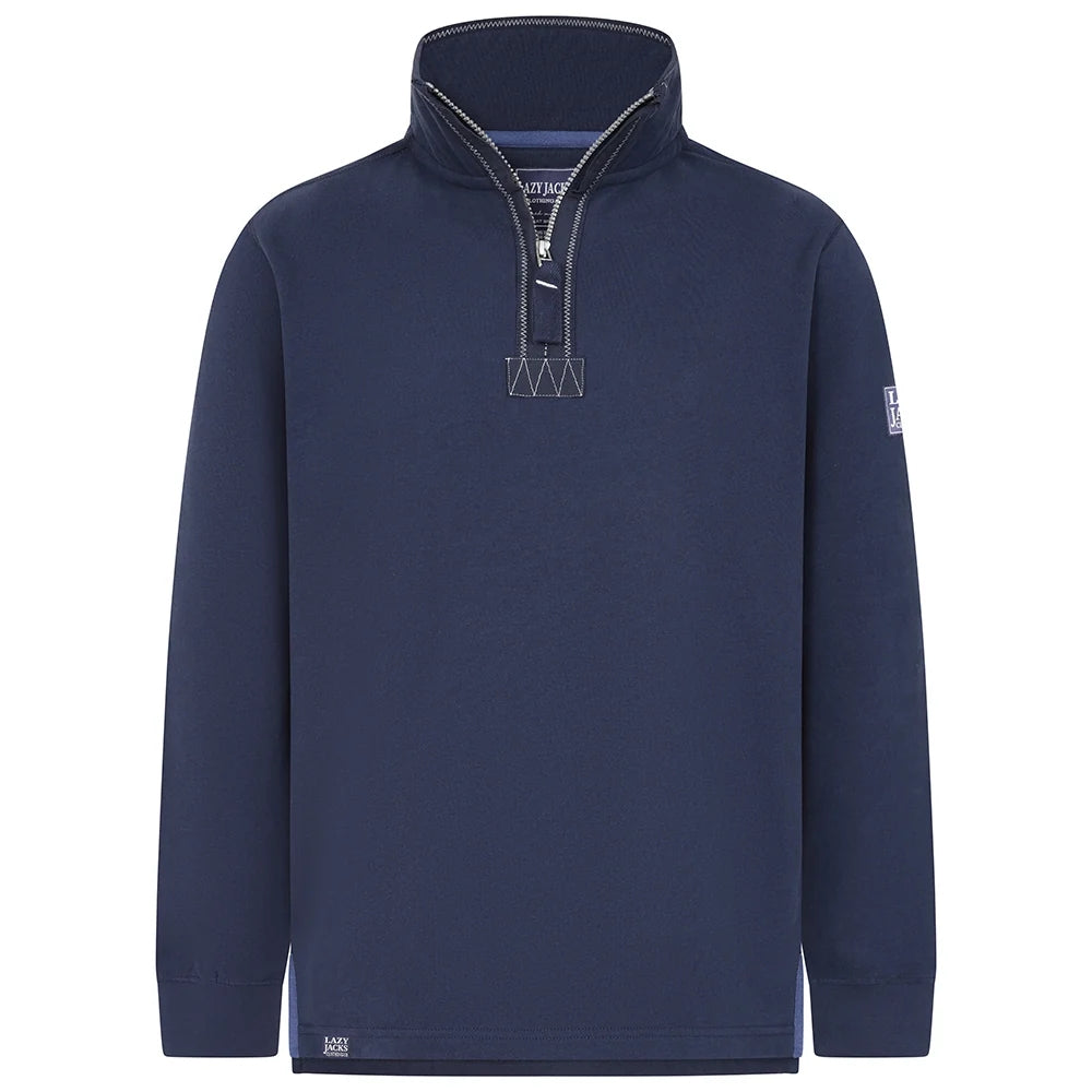Front view of a men's Lazy Jacks LJ40 sweatshirt in Marine Navy with a 1/4 zip neckline