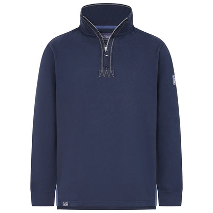 Front view of a men's Lazy Jacks LJ40 sweatshirt in Marine Navy with a 1/4 zip neckline