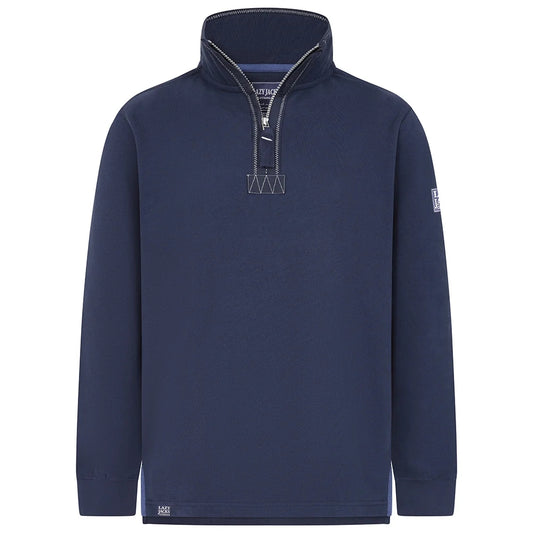 Front view of a men's Lazy Jacks LJ40 sweatshirt in Marine Navy with a 1/4 zip neckline