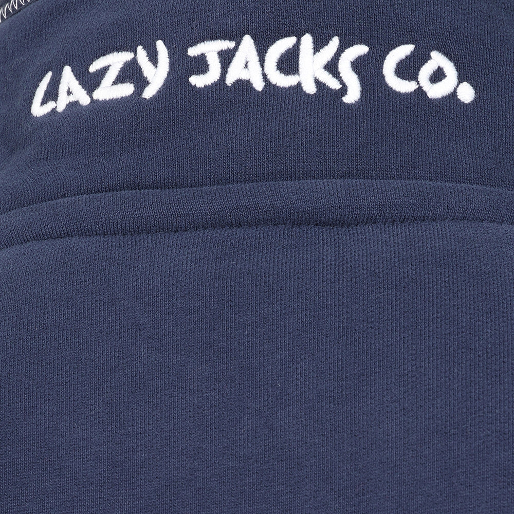 Close-up view of an embroidered logo on the back of a men's Lazy Jacks LJ40 sweatshirt collar in Marine Navy