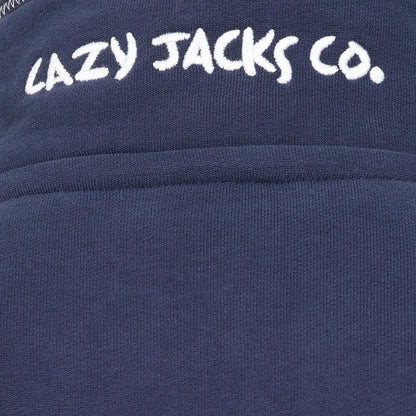Close-up view of an embroidered logo on the back of a men's Lazy Jacks LJ40 sweatshirt collar in Marine Navy