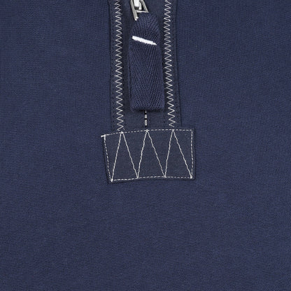 Close-up view of the 1/4 zip of a men's Lazy Jacks LJ40 sweatshirt in Marine Navy