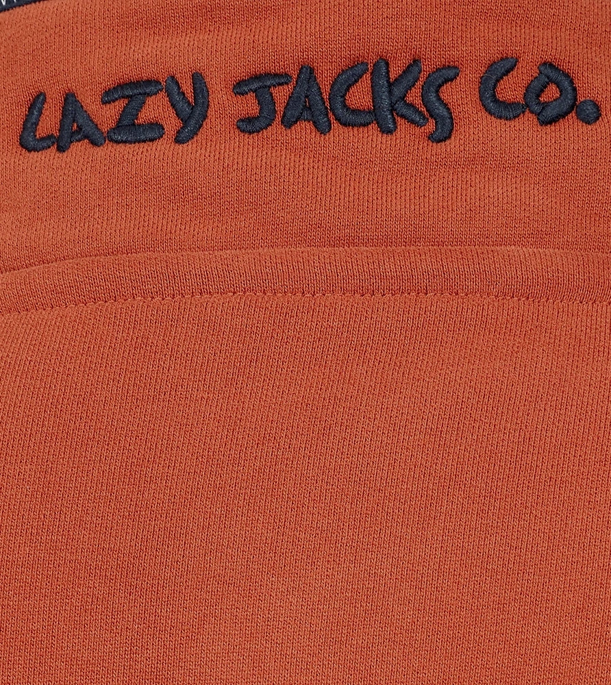 Close-up view of a men's Lazy Jacks LJ40 sweatshirt collar featuring embroidered logo in orange