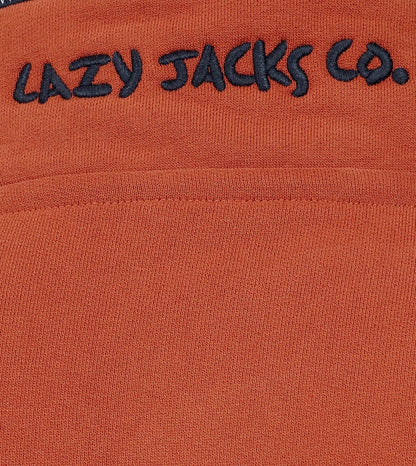 Close-up view of a men's Lazy Jacks LJ40 sweatshirt collar featuring embroidered logo in orange