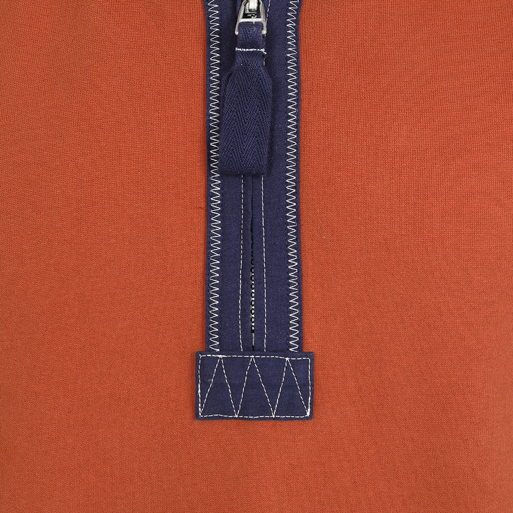 Close-up view of the 1/4 zip neckline of a men's Lazy Jacks LJ40 sweatshirt collar in Orange