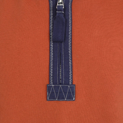 Close-up view of the 1/4 zip neckline of a men's Lazy Jacks LJ40 sweatshirt collar in Orange