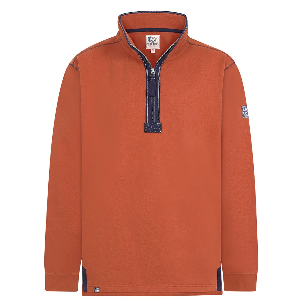 Front view of a men's Lazy Jacks LJ40 sweatshirt in vibrant Orange with a 1/4 zip neckline