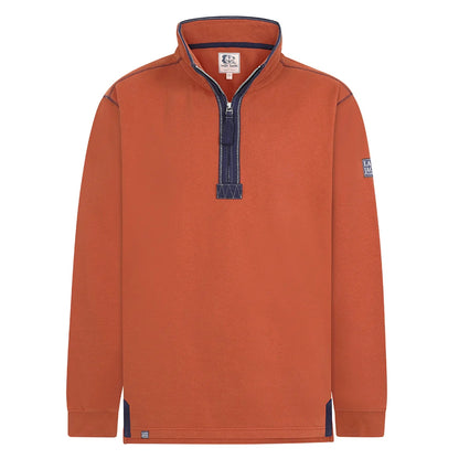 Front view of a men's Lazy Jacks LJ40 sweatshirt in vibrant Orange with a 1/4 zip neckline