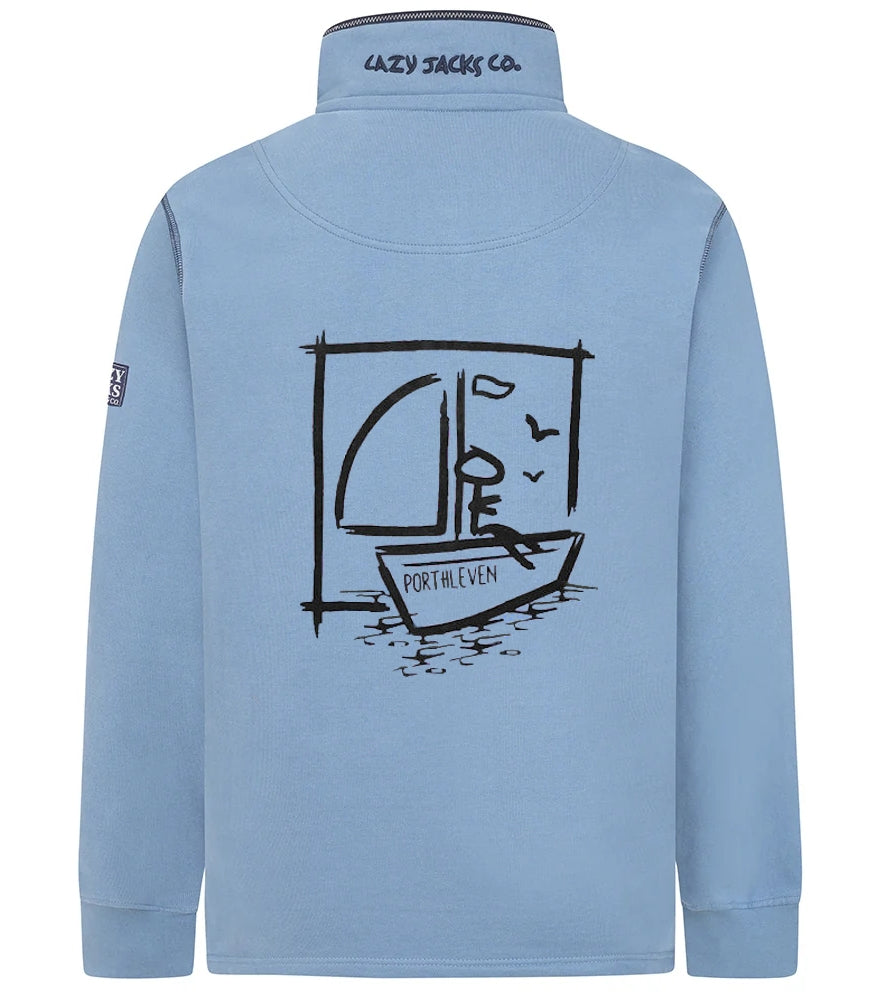 Lazy Jacks mens Porthleven sweatshirt in blue with boat graphic on the back