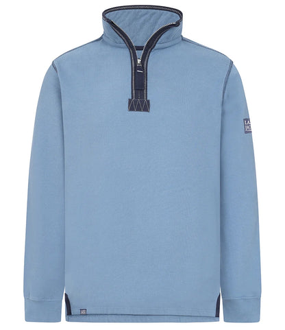 Lazy Jacks mens Porthleven sweatshirt in light blue with a zip collar and logo detail