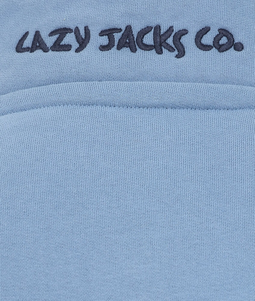 Close-up of Lazy Jacks mens Porthleven sweatshirt in light blue with logo detail