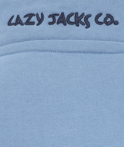 Close-up of Lazy Jacks mens Porthleven sweatshirt in light blue with logo detail