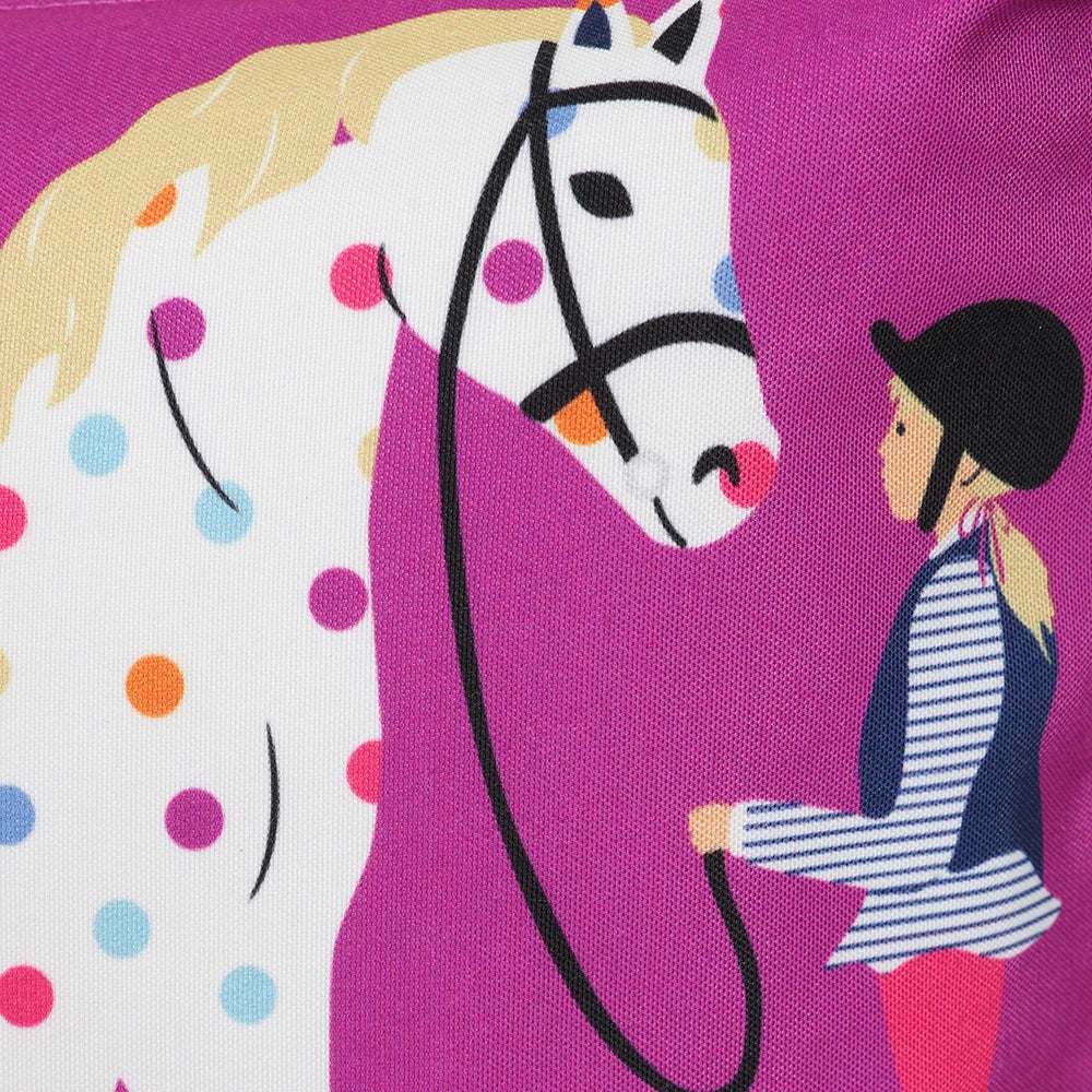 Close-up of Lazy Jacks pony print wash bag featuring a girl riding a spotted pony on purple background