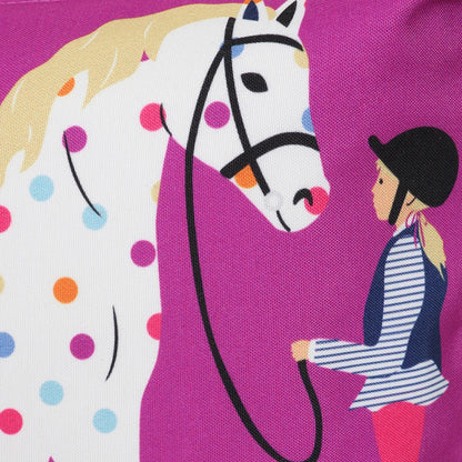 Close-up of Lazy Jacks pony print wash bag featuring a girl riding a spotted pony on purple background