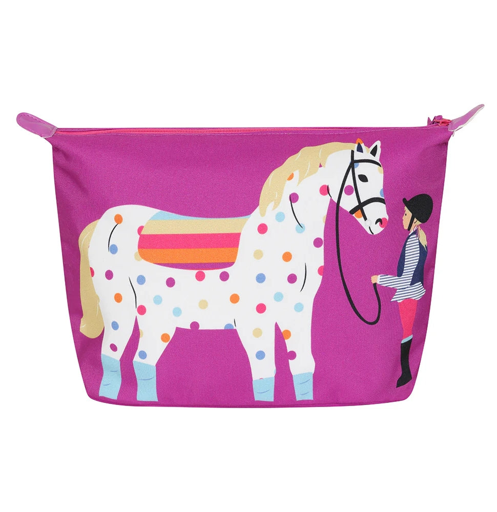 Lazy Jacks pony print wash bag in bright pink with colorful pony and rider design