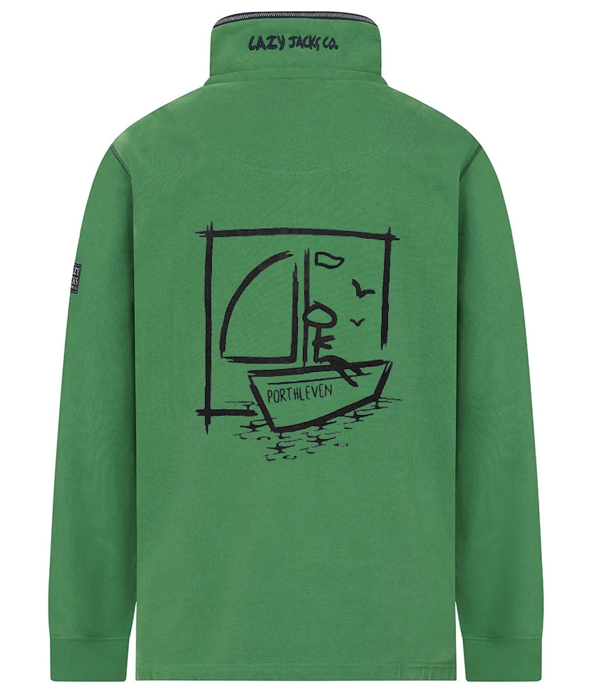 Lazy Jacks Porthleven Sweatshirt in green featuring a nautical boat graphic on the back