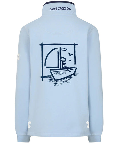 Lazy Jacks Porthleven sweatshirt in light blue with nautical boat graphic on the back
