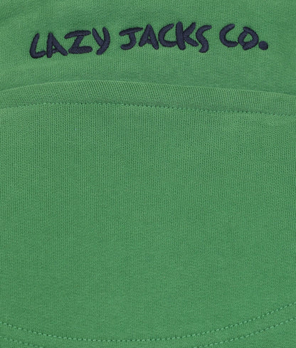 Close-up of Lazy Jacks Porthleven Sweatshirt in green with embroidered logo detail