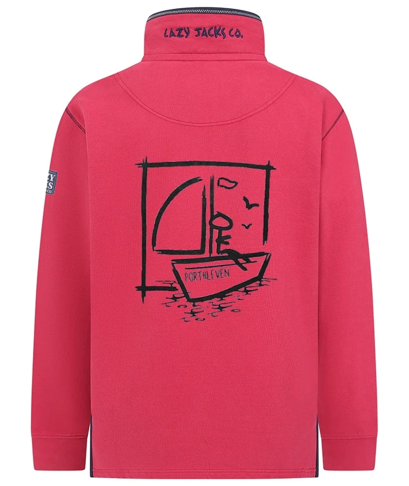 Main view of a Lazy Jacks Porthleven print sweatshirt in Rouge Red with sailboat design on the back