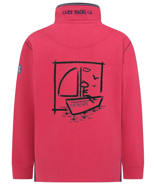 Main view of a Lazy Jacks Porthleven print sweatshirt in Rouge Red with sailboat design on the back