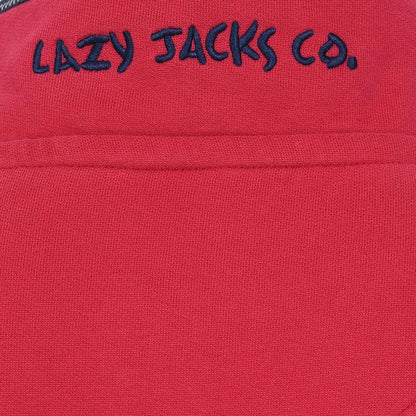 Close-up view of a men's Lazy Jacks LJ40 sweatshirt collar featuring embroidered logo in rouge red