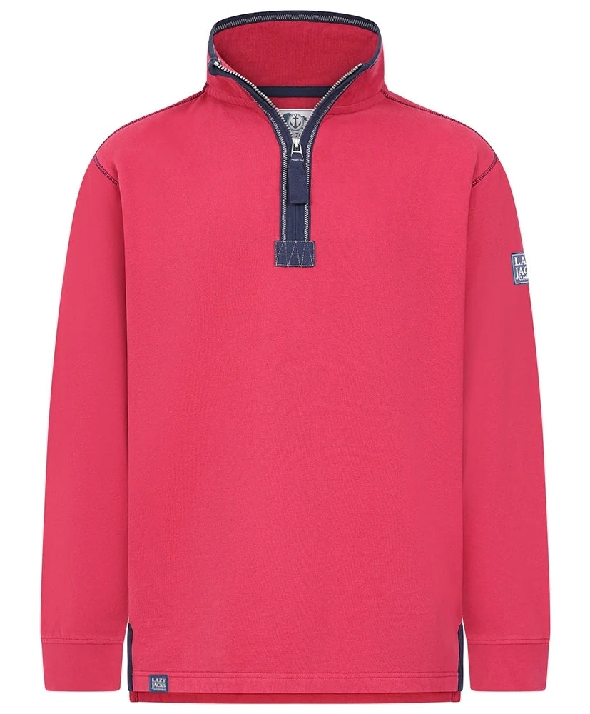 Lazy Jacks Porthleven Sweatshirt in vibrant red with a half zip design for casual comfort