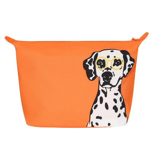 Lazy Jacks wash bag orange dalmatian with Dalmatian dog wearing glasses print on bright orange background