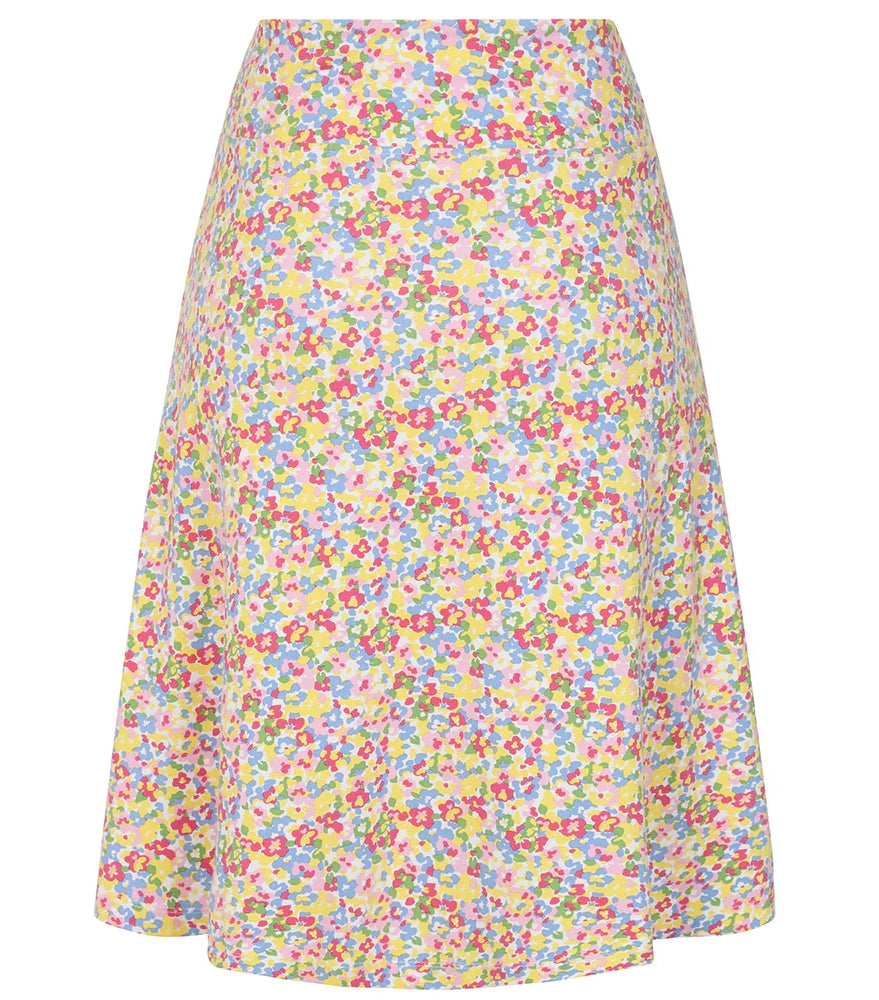Back view of a women's Lazy Jacks multi-coloured floral A-line skirt.