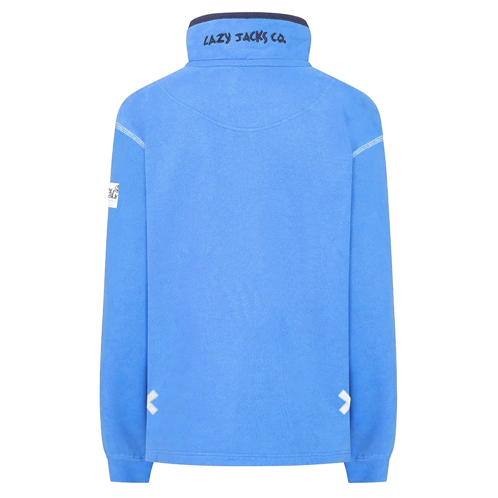 Back view of a womens Lazy Jacks LJ3 1/4 zip sweatshirt in blue.