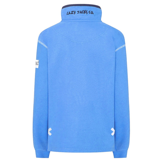 Back view of a womens Lazy Jacks LJ3 1/4 zip sweatshirt in blue.