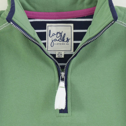 Close-up view of the 1/4 zip neckline of a womens Lazy Jacks LJ3 zip neck sweatshirt in Samphire Green.