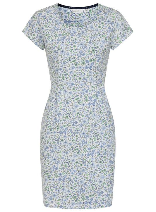 Lazy Jacks womens floral print dress with short sleeves and fitted silhouette in light blue and green