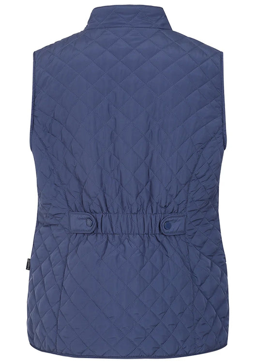 Back view of Lazy Jacks womens gilet in navy blue with adjustable waist design