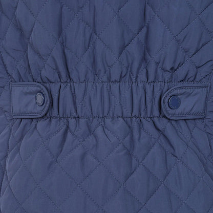 Lazy Jacks womens gilet in navy blue with a quilted design and adjustable waist buttons