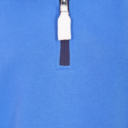 Close-up view of the zip neckline of a Lazy Jacks LJ3 womens blue sweatshirt