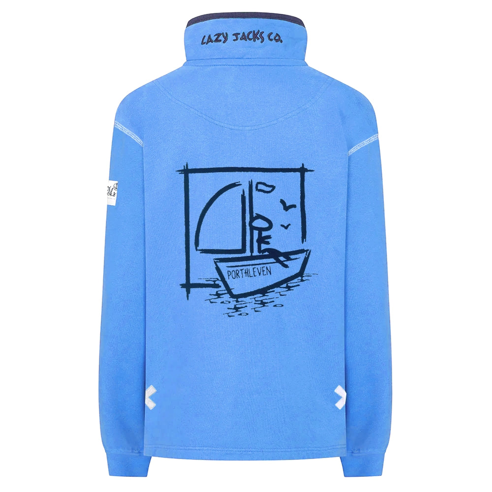 Back view of a womens Lazy Jacks LJ3 zip neck sweatshirt in blue, featuring a Porthleven, Cornwall place name and sailboat print on the back.
