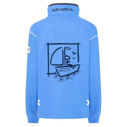 Back view of a womens Lazy Jacks LJ3 zip neck sweatshirt in blue, featuring a Porthleven, Cornwall place name and sailboat print on the back.