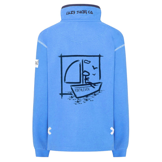 Back view of a womens Lazy Jacks LJ3 zip neck sweatshirt in blue, featuring a Porthleven, Cornwall place name and sailboat print on the back.