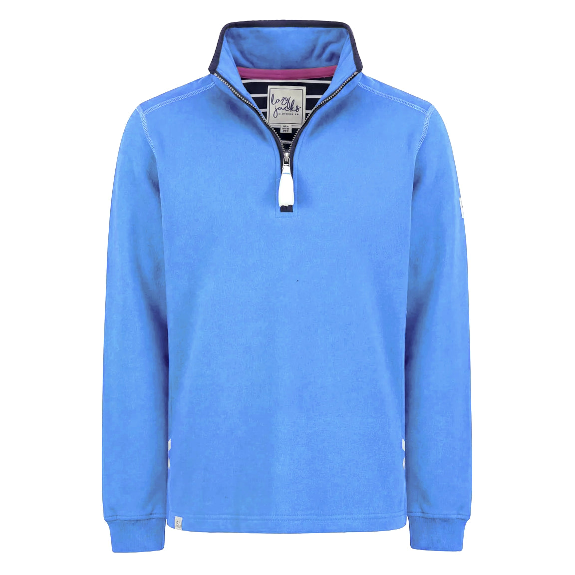 Front view of a womens Lazy Jacks LJ3 zip neck sweatshirt in blue