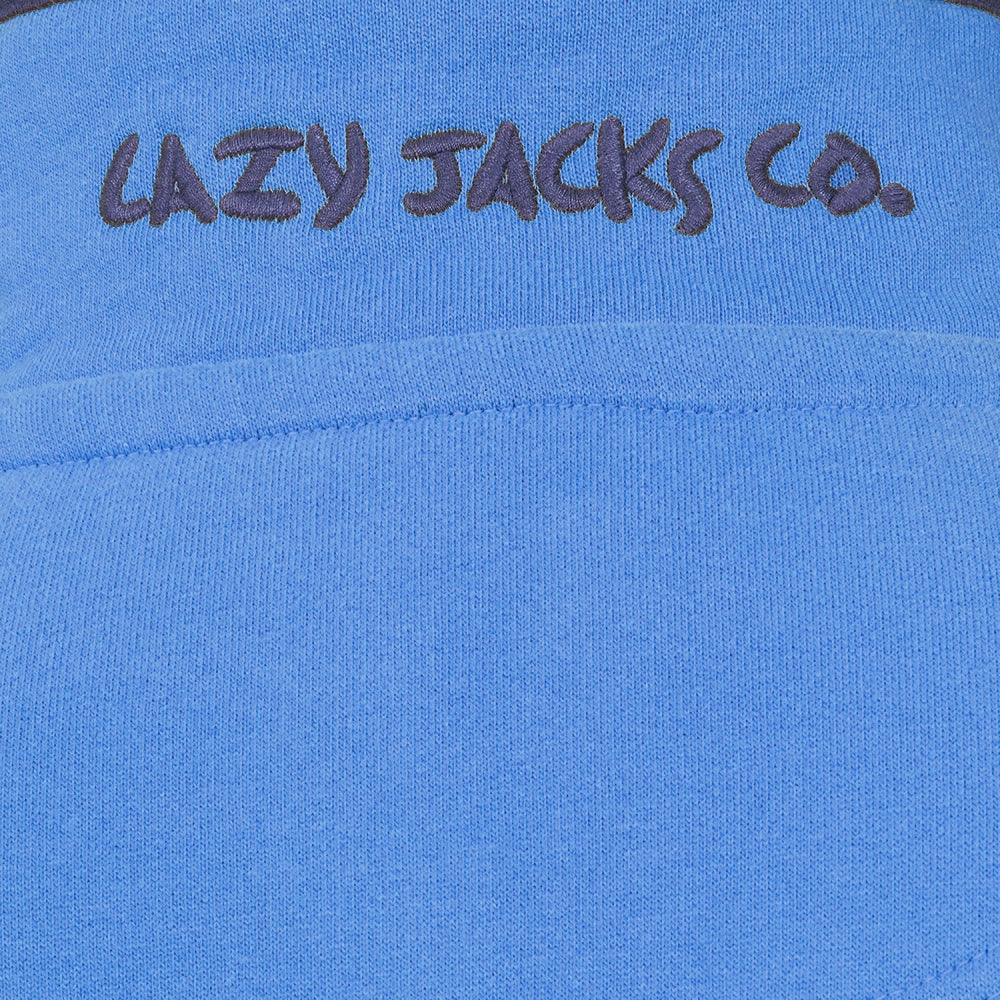 Close-up view of the logo embroiderd on the collar of a Lazy Jacks LJ3 womens blue sweatshirt