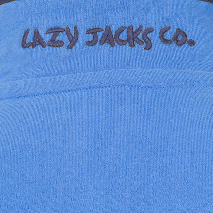 Close-up view of the logo embroiderd on the collar of a Lazy Jacks LJ3 womens blue sweatshirt