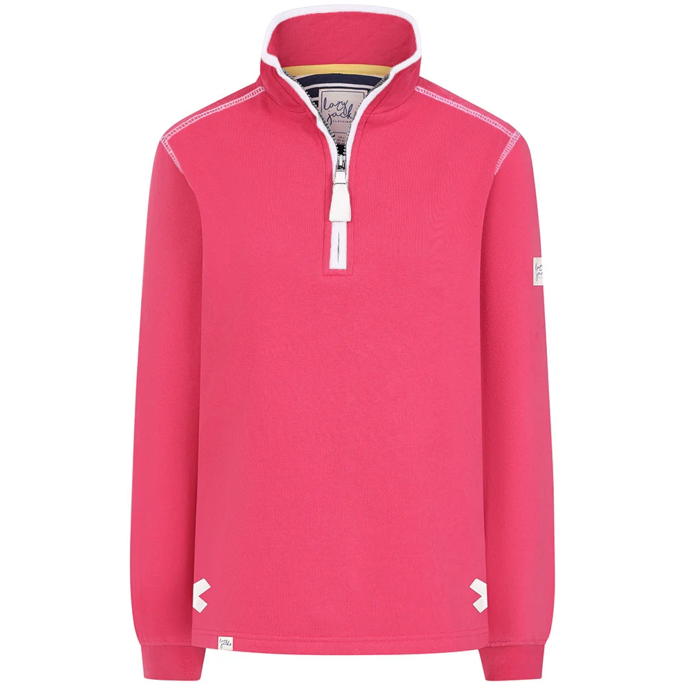 Front view of a womens Lazy Jacks LJ3 zip neck sweatshirt in cherry red/pink with white trim.