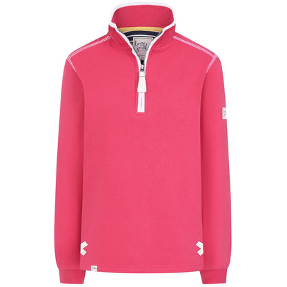 Front view of a womens Lazy Jacks LJ3 zip neck sweatshirt in cherry red/pink with white trim.