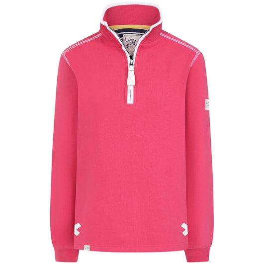Front view of a womens Lazy Jacks LJ3 zip neck sweatshirt in cherry red/pink with white trim.