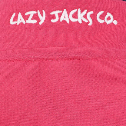 Close up view of the white logo on the back of the collar of a womens Lazy Jacks LJ3 sweatshirt in cherry red/pink