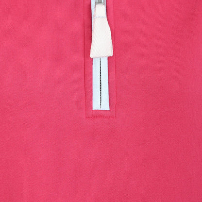 Close up view of the neck zip on a womens Lazy Jacks LJ3 sweatshirt in cherry red/pink with white trim.