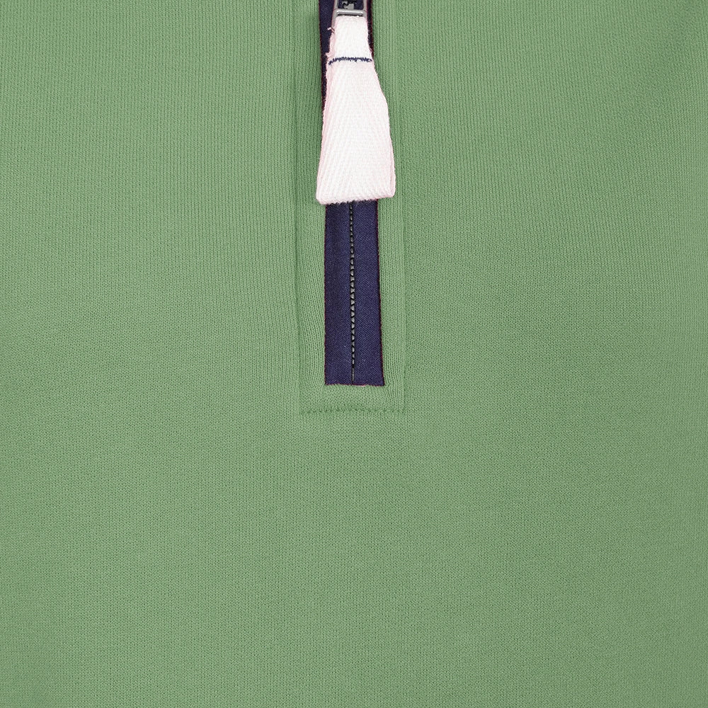 Close-up view of the logo on the 1/4 zip of a womens Lazy Jacks LJ3 zip neck sweatshirt in Samphire Green.